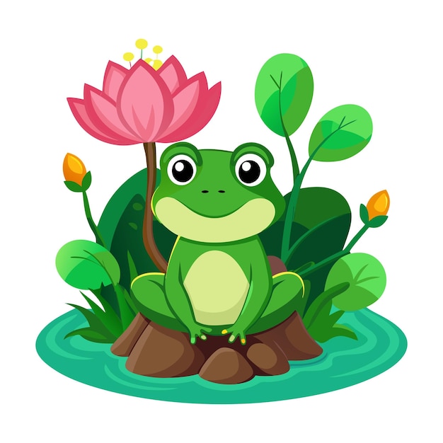 Vector cute frog sitting on lily pad with flowers