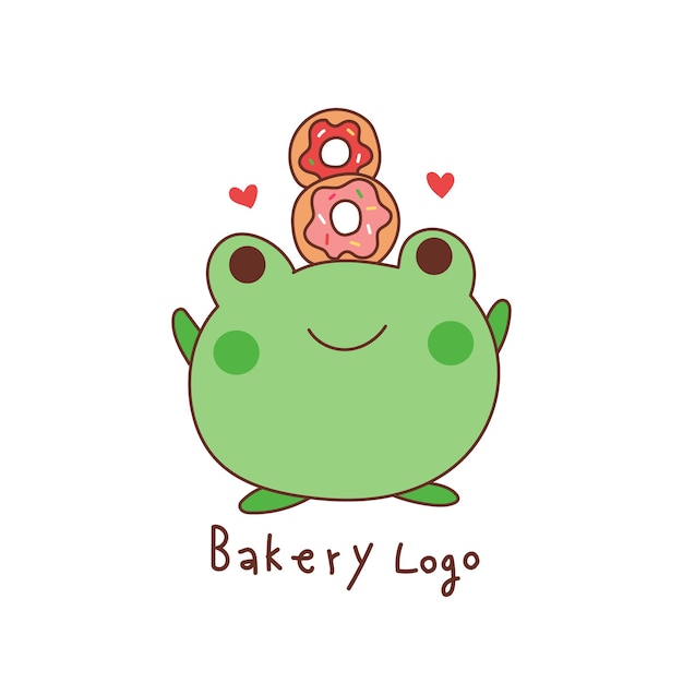 cute frog with donut on head. bakery logo cartoon.