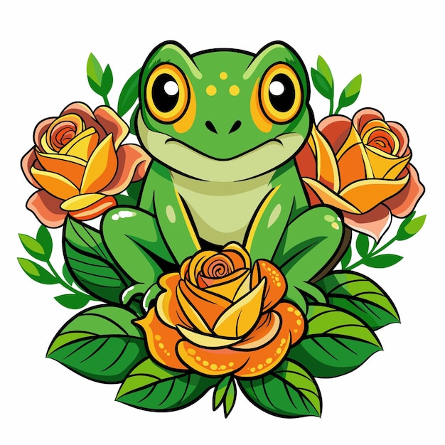 Cute frog with roses isolated on white background Vector illustration