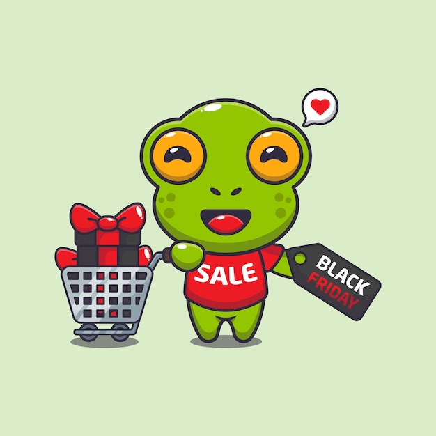 cute frog with shopping cart and discount coupon black friday sale cartoon vector illustration