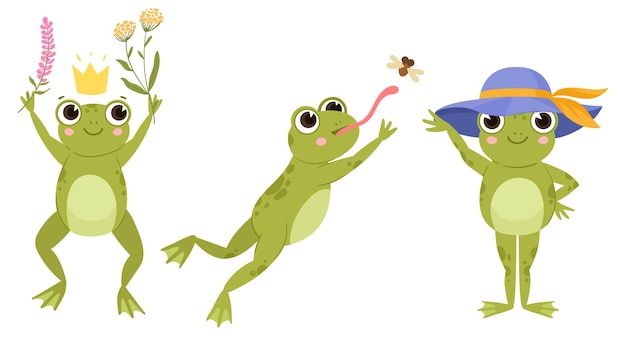 Cute frogs, cartoon funny froggy, green amphibians flat vector illustration set