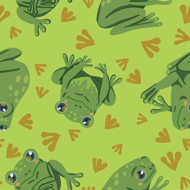 Cute frogs, hand drawn vector seamless pattern. Colored cartoon ornament with animals. Funny design for print, fabric, textile, background, wallpaper, wrapping, card, decoration.