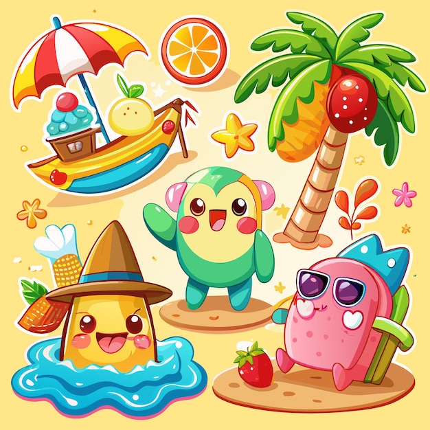 Vector cute fruit characters enjoying summer fun