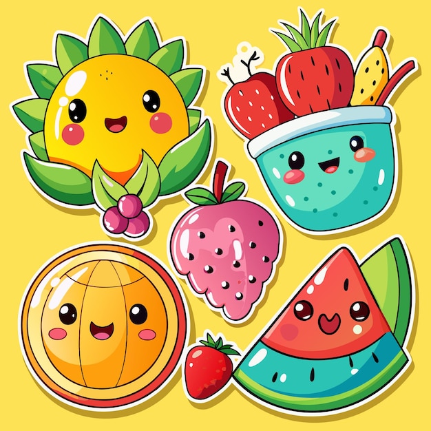 Cute fruit characters with big eyes and happy smiles