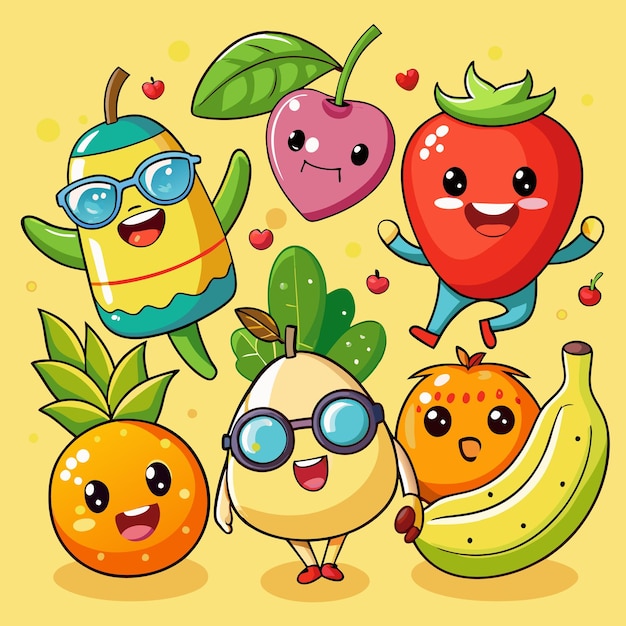 Vector cute fruit characters with funny expressions