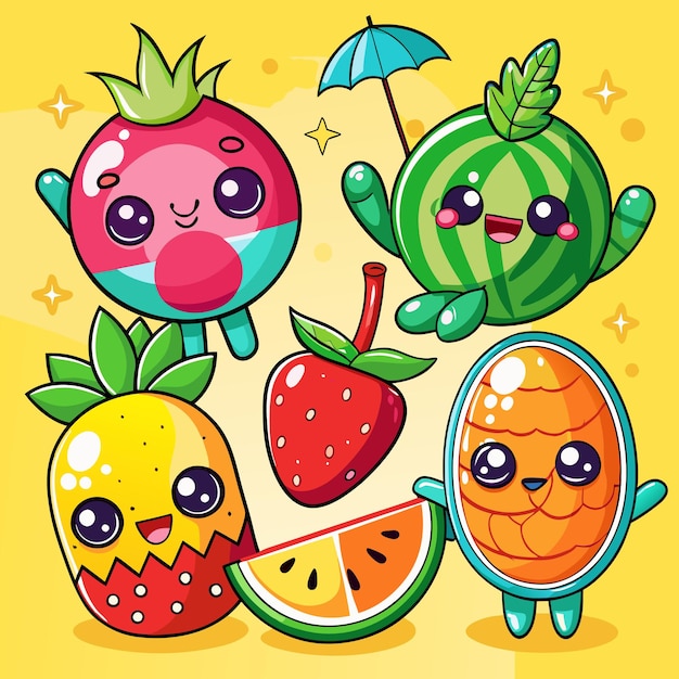 Cute fruit characters with watermelon holding an umbrella