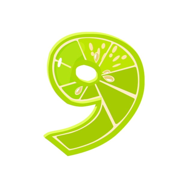 Cute fruit Lime number 9 vector digit nine