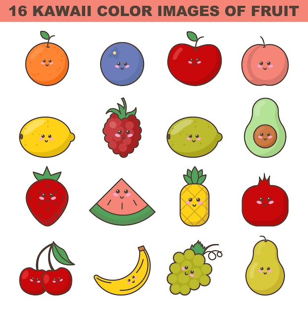 Cute fruits and berries stickers or icons set Kawaii fresh and sweet