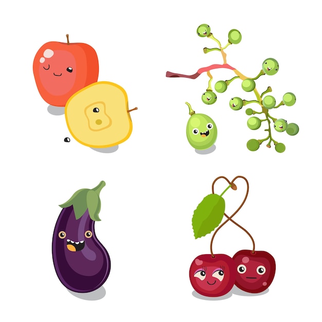 Cute fruits characters kawaii for kids Vector flat illustration