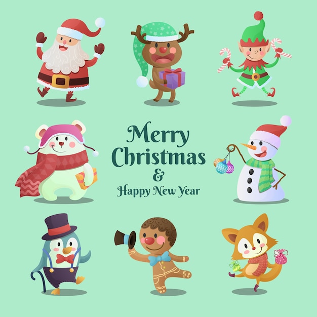 Cute and fun Merry Christmas and Happy New Year characters collection