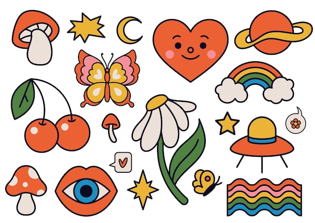 Cute funky hippy stickers Retro 70s vibe psychedelic groovy elements as mushroom flower rainbow and ufo spaceship Cartoon vintage butterfly cherry and heart isolated vector set