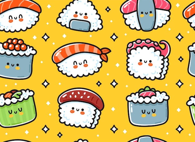 Cute funny asian japanese sushi character seamless pattern. Vector hand drawn cartoon kawaii character illustration icon. Cute kawaii sushi,roll,Japan asia food cartoon seamless pattern concept