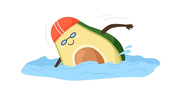 Cute and funny avocado half swimming. Happy comic fruit doing sport and exercising in pool. Colored flat cartoon vector illustration of childish character isolated on white background.