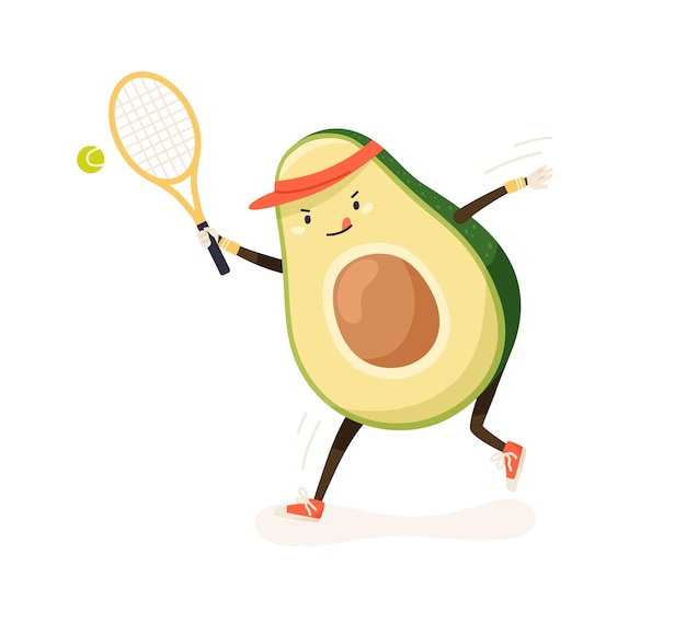 Cute and funny avocado playing tennis in cap and trainers. Active comic fat vegetable doing sports activities. Colored flat vector illustration of childish character isolated on white background.