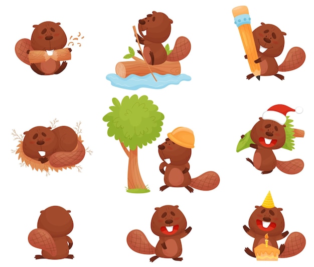 Cute funny beaver character in different actions vector set