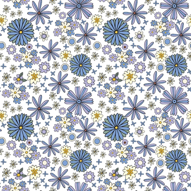 Cute funny blue flowers seamless pattern. Groovy hippie pattern for textile, pper and other.