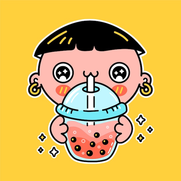 Cute funny boy drink bubble tea from cup. Vector hand drawn cartoon kawaii character illustration sticker logo icon. Asian boba, boy and bubble tea drink cartoon character poster concept