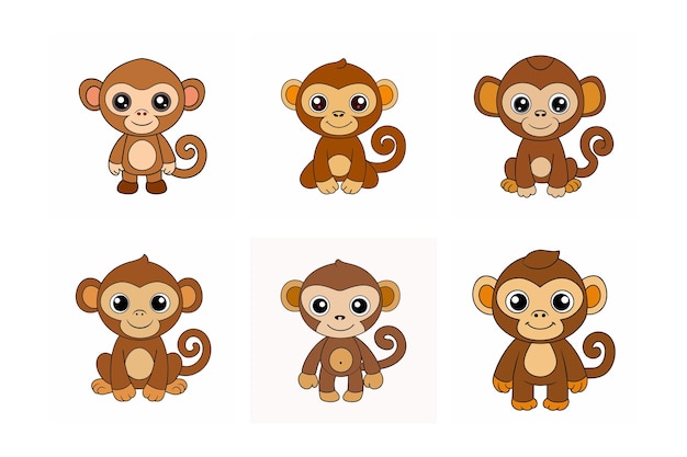 Vector cute and funny brown monkey vector art illustration bundle set