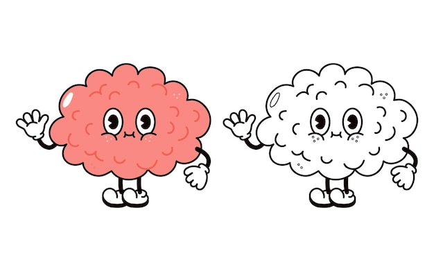 Cute funny cartoon brain illustration for coloring book