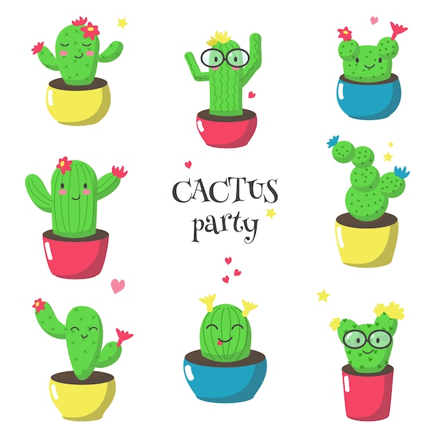 Cute funny cartoon cactuses,   