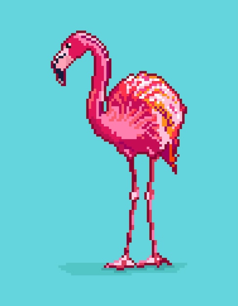 Cute and funny cartoon Flamingo with on blue background. Pixel art style. Isolated vector design