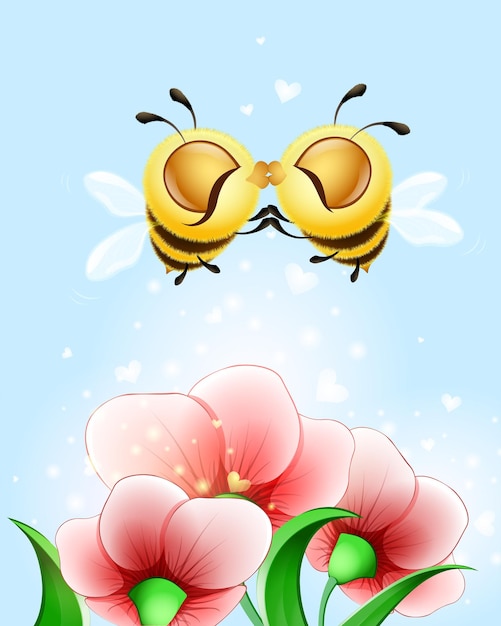 Cute funny cartoon fluffy bee couple flies and kissing under the smelling red flowers.