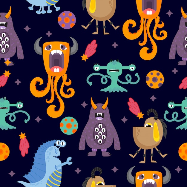 Cute funny cartoon monsters seamless pattern