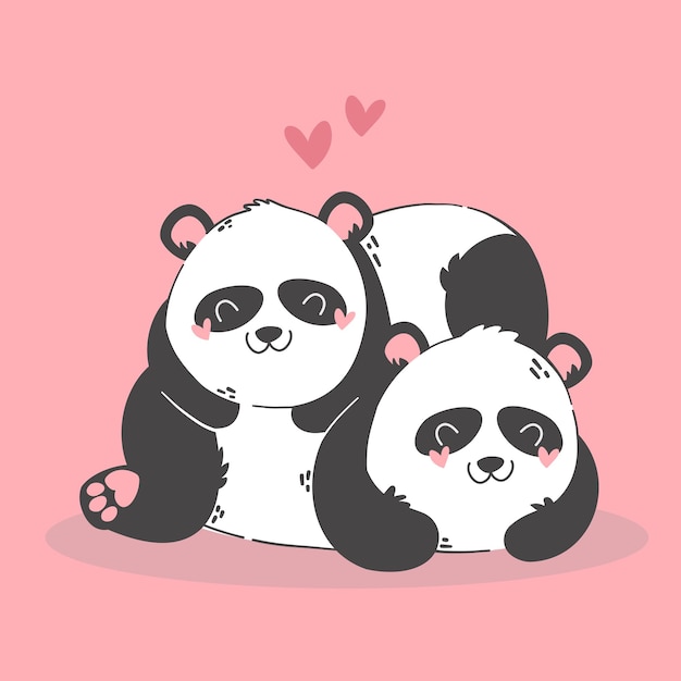 Cute funny cartoon panda couple in love. Animals character with hearts. Valentine day romantic drawing. Kids baby design.