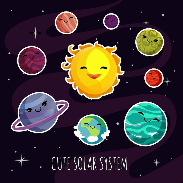 Cute and funny cartoon planets stickers of solar planetary system. 