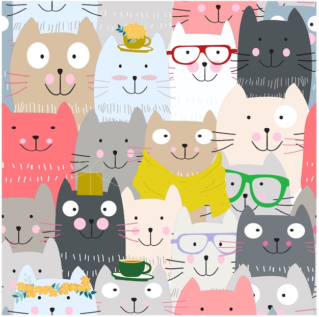 Cute funny cat cartoon seamless pattern