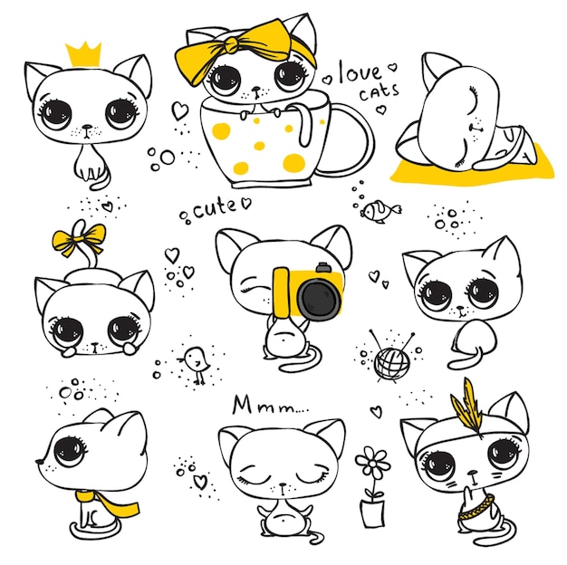 Cute and funny cats doodle vector set Cartoon cat or kitten characters design collection with flat color in different poses Set of purebred pet animals isolated