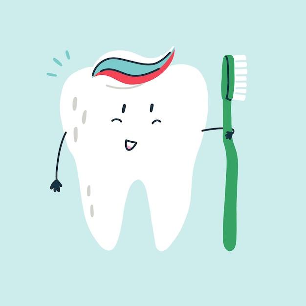 Cute funny character white tooth with toothpaste and a toothbrush