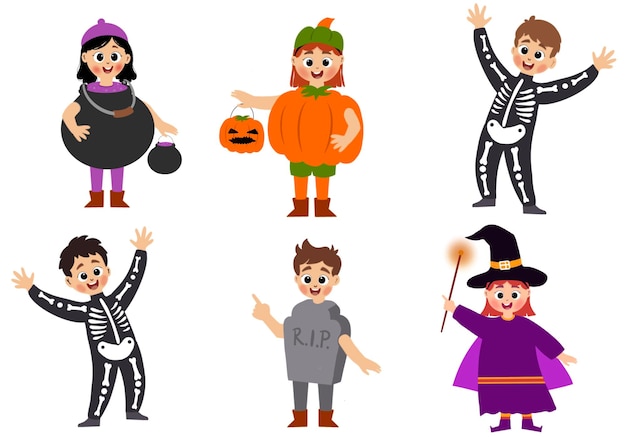 Vector cute and funny children wearing halloween costumes