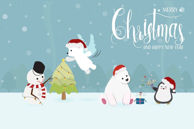 Cute funny christmas charactor snowman and animals in party