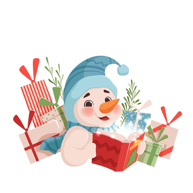 Cute funny Christmas snowman holds a magic book and smiles next to the gifts. Christmas illustration on a white background