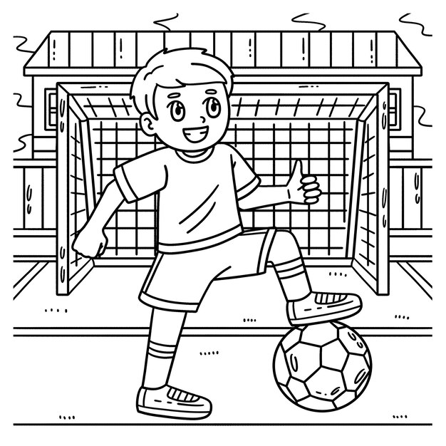 Vector a cute and funny coloring page of a boy with a foot on a soccer ball provides hours of coloring fun for children to color this page is very easy suitable for little kids and toddlers