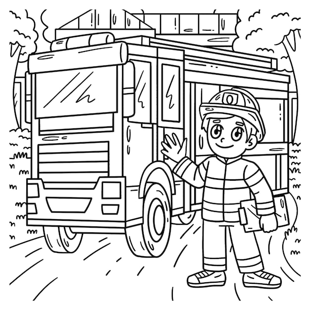 Vector a cute and funny coloring page of a firefighter and fire truck provides hours of coloring fun for children to color this page is very easy suitable for little kids and toddlers