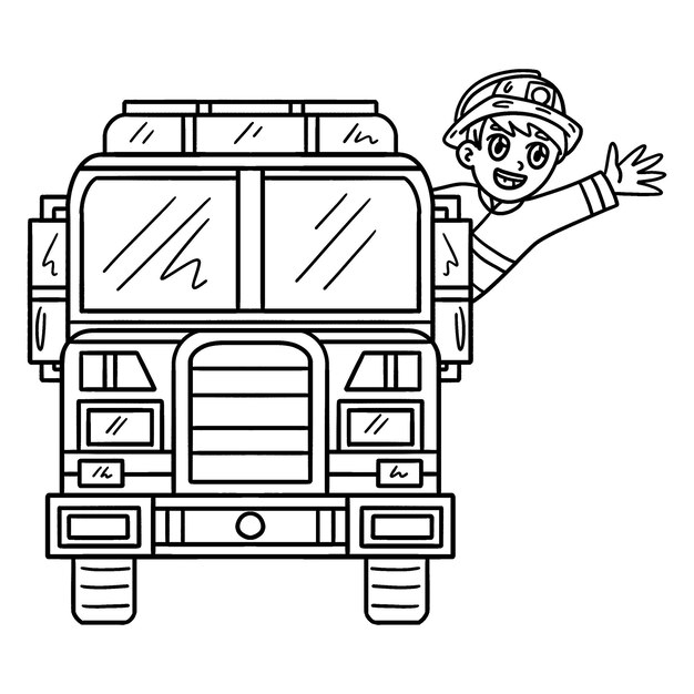 Vector a cute and funny coloring page of a firefighter waving from a fire truck provides hours of coloring fun for children to color this page is very easy suitable for little kids and toddlers