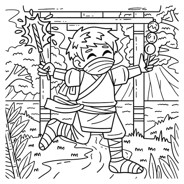 A cute and funny coloring page of a Ninja with Sparklers and Dango. Provides hours of coloring fun for children. Color, this page is very easy. Suitable for little kids and toddlers.