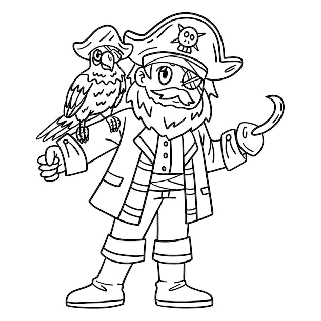 A cute and funny coloring page of a Pirate Captain with a Parrot. Provides hours of coloring fun for children. Color, this page is very easy. Suitable for little kids and toddlers.