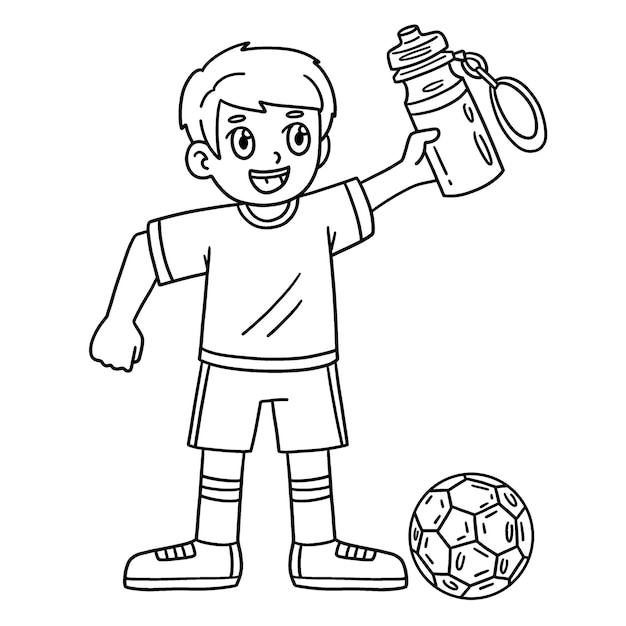 Vector a cute and funny coloring page of a soccer boy with a water bottle provides hours of coloring fun for children to color this page is very easy suitable for little kids and toddlers