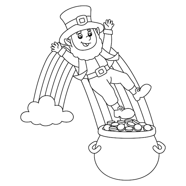 A cute and funny coloring page of a St. Patricks Day leprechaun on a rainbow. Provides hours of coloring fun for children. To color, this page is very easy. Suitable for little kids and toddlers.