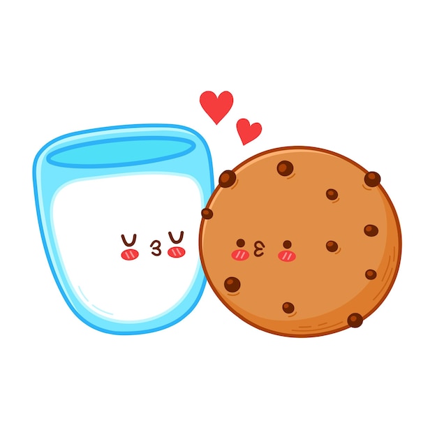 Cute funny cookie and milk glass couple. Happy valentines day card. Vector flat line cartoon kawaii character illustration icon. Isolated on white background. Valentines day concept