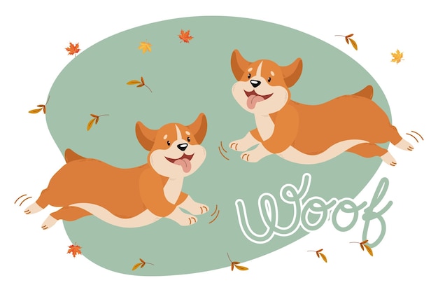 Cute funny dogs corgi in a jump and the text Woof. Children's illustration, print, vector