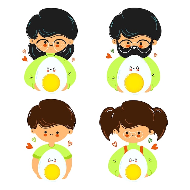 Cute funny family hold boiled egg in hand