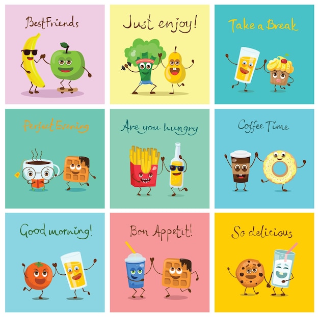 Cute funny food and drink characters set, best friends, funny fast food menu vector Illustrations. Flat vector illustration use for web page, card, poster, banner. Hamburger, chinese food, burito