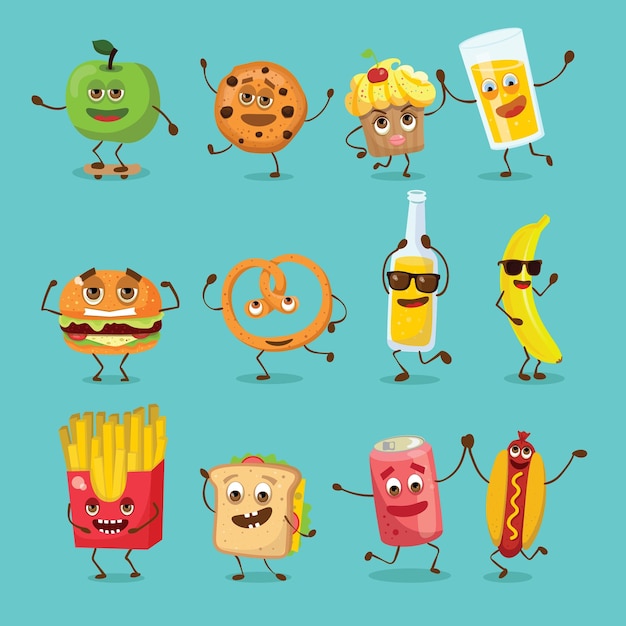 Vector cute funny food and drink characters set best friends funny fast food menu vector illustrations flat vector illustration use for web page card poster banner