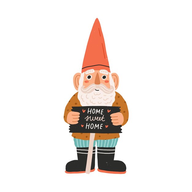 Vector cute and funny garden gnome or dwarf in red hat holding slate board with home sweet home inscription. fairytale character. colored flat cartoon vector illustration isolated on white background.