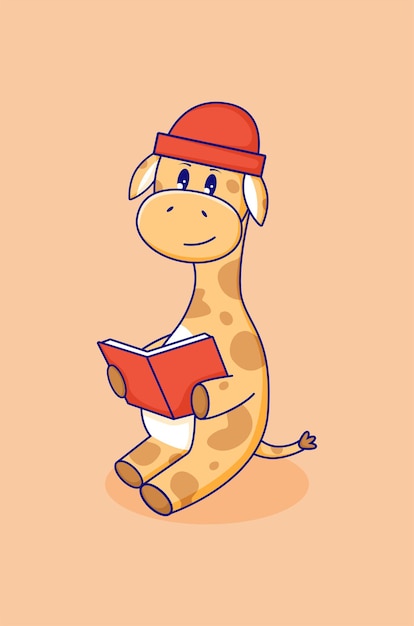 Cute funny giraffe with book in cartoon style. Doodle poster with animals character. Vector illustration isolated