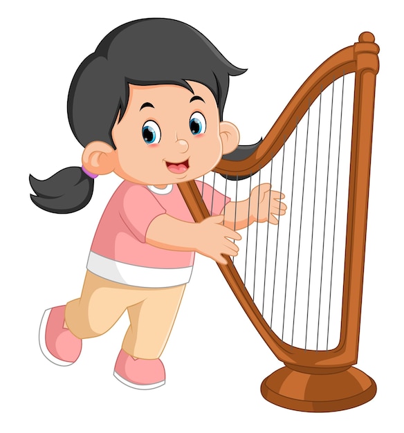 A cute and funny girl is learning the harp instrument